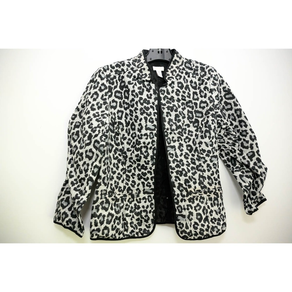 Chico's Leopard Print Jacket 0 S 4/6 Grey Black Excellent Open Front Lightweight